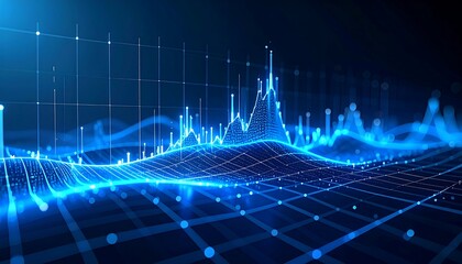 Abstract digital representation of fluctuating data, visualized as a vibrant blue waveform over a grid