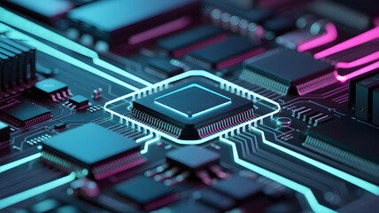 Futuristic neon circuit board glowing in cyan and magenta with HDR vibrant tones, ultra detailed 8k high-tech background.