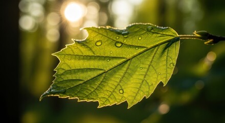 A close-up of a vibrant green leaf, glistening with morning dew, bathed in the soft sunlight filtering through a forest canopy.