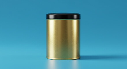 Elegant golden tea tin with sleek black lid stands against a vibrant blue backdrop, symbolizing luxury and quality storage.