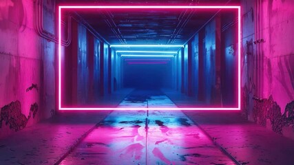 A long corridor with a neon light guiding the way, great for use in futuristic or sci-fi settings - Powered by Adobe