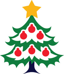 Fototapeta premium Decorated green christmas tree features a yellow star and red ornaments on white