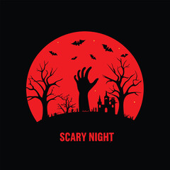 Eerie Halloween Night Silhouette Design with Bats Hand and Spooky Castle