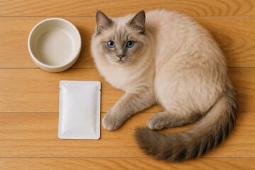 Ragdoll cat with blue eyes lying on wooden floor beside blank white pouch sachet and feeding bowl mockup packaging design