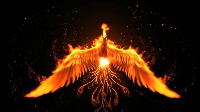 Fiery phoenix bird regenerating from and transforming into a burst of bright orange flames and sparks on black background footage.