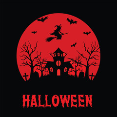Spooky Halloween Night Scene with Witch and Haunted House