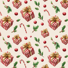 Watercolor Christmas Pattern Seamless Design with Gifts Holly Berries and Candy Canes Celebration