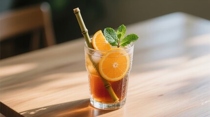 Iced Tea with Orange and Mint in Glass with Bamboo Straw – Refreshing Summer Drink Photography