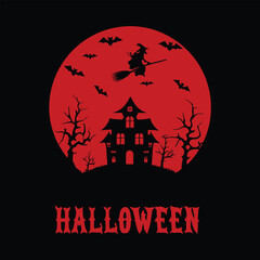 Spooky Halloween Night Silhouette with Witch Haunted House and Bats