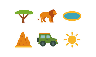 Fototapeta premium Safari adventure icons: flat style collection of wild animals, nature, and vehicles