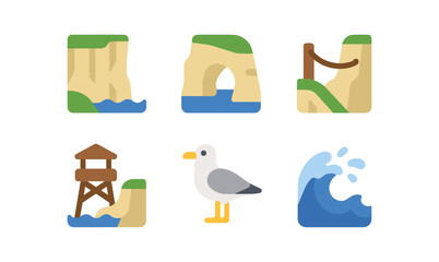 Minimalist coastal icons: cliff, arch, rope bridge, lookout, seagull, wave