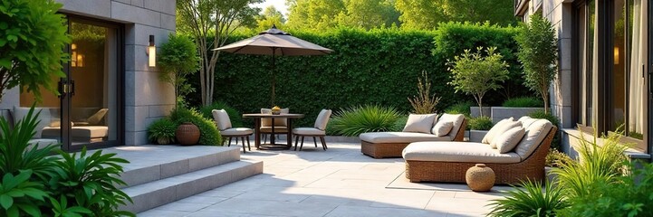 Serene patio landscape design featuring lush greenery, elegant stonework, and comfortable seating Perfect for relaxation and outdoor entertaining , seating, greenery