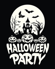 Halloween Party T-Shirt Design with Moonlit Castle and Jack-o'-Lanterns