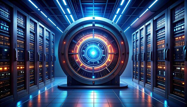Futuristic server room with a central, glowing orb - Powered by Adobe