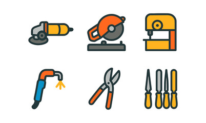 Naklejka premium Flat design power tools set including saw, grinder, and drill icons