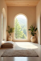 Serene meditation space, bathed in soft natural light, featuring calming decor and peaceful ambiance  Ideal for relaxation, mindfulness, and spiritual practices , comforting, yoga