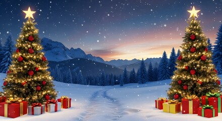 Festive christmas trees with gifts in snowy landscape at night