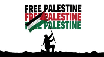 A silhouetted figure kneels holding the palestinian flag aloft before bold text proclaiming free palestine