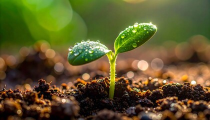 A small green seedling emerges from rich, dark soil, covered in glistening water droplets, bathed in soft sunlight.