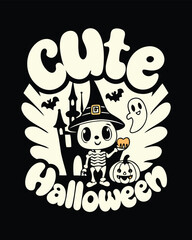 Cute Halloween T-Shirt Design with Skeleton, Ghost, Pumpkin, Castle, Bats, Witch Hat, and Fun Retro Font