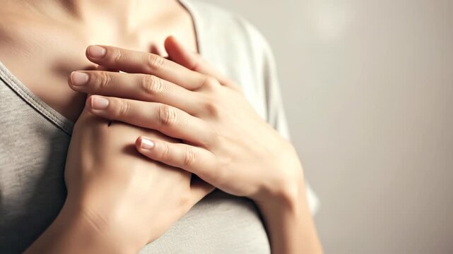 Woman placing hands over heart in sequence showing care, compassion, and emotional expression footage.