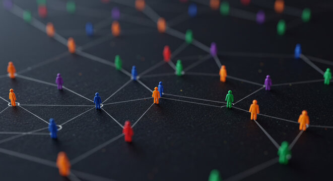Colorful miniature people figures connected by lines symbolizing network, community, and global connection