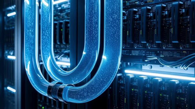Detailed view of liquid coolant flowing through transparent pipes in a cuttingedge supercomputing cluster illustrating advanced thermal management.