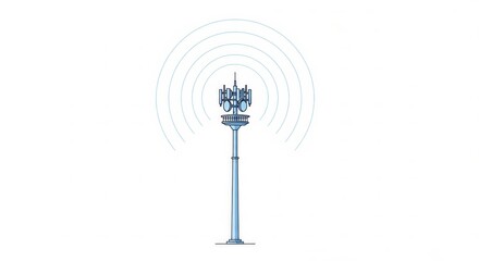 Line art illustration of a blue communication tower emitting radio waves, symbolizing global network connectivity.