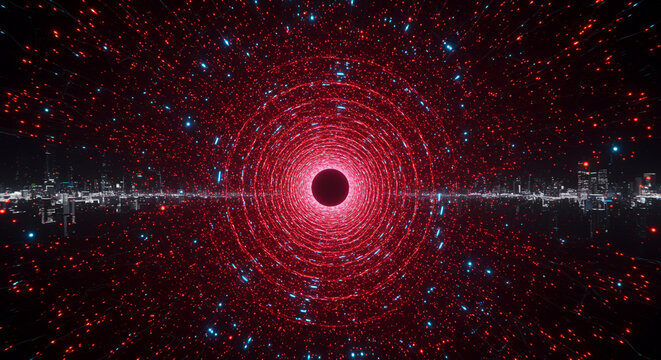 Vibrant digital data tunnel pulsing with red and blue lights leading towards a dark void over a futuristic cityscape