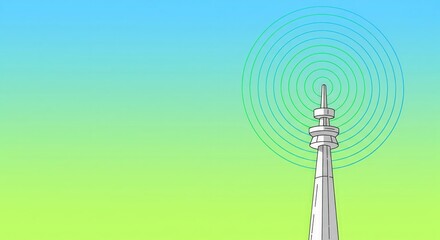 Obraz premium Abstract illustration of a communication tower broadcasting radio waves against a vibrant gradient background.