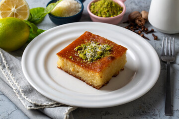Revani - sweet semolina cake with pistachio, traditional turkish dessert