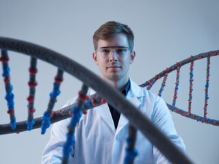 Scientist with DNA Model: Genetic Research and Biotechnology Innovation