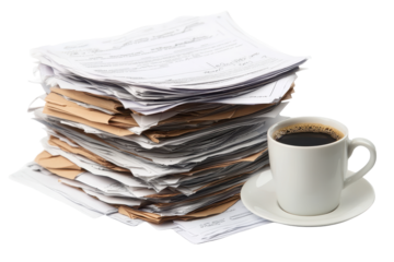 Large stack of documents and papers with a cup of steaming coffee on white background illustrates overwork and burnout in office