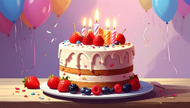 Vibrant birthday cake scene with balloons and sprinkles