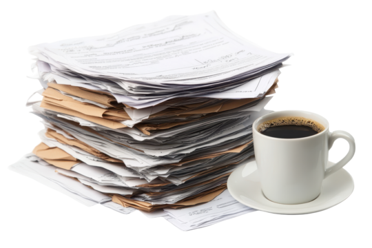 Large stack of documents and papers with a cup of steaming coffee on white background illustrates overwork and burnout in office