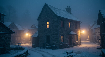 Cozy stone cottage glows warmly on a snowy winter night, creating a magical, inviting atmosphere for holiday storytelling. © Ahmad