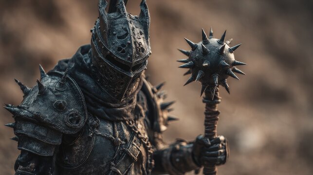 Plague-era knight in blackened armor with spiked mace, eerie and intimidating, minimal scorched battlefield backdrop, 16:9