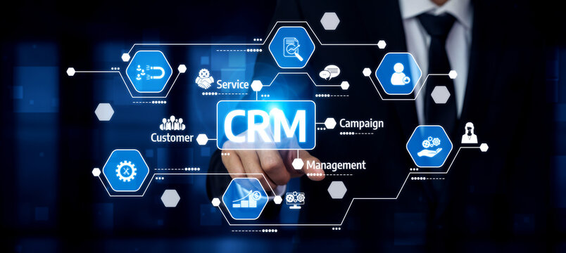 A businessman interacts with a digital CRM interface, highlighting elements of customer service, management, and campaign strategies for improved business efficiency. Tessel