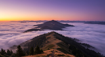 Obraz premium Breathtaking mountain ridge path at sunrise above a sea of clouds, serene dawn sky with vibrant gradient colors