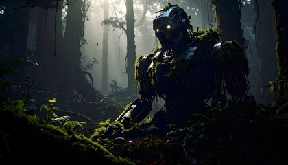Fototapeta premium A weathered robot, partially covered in moss, stands silently in a dense, sun-dappled forest, its eyes glowing faintly.