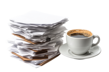 Large stack of documents and papers with a cup of steaming coffee on white background illustrates overwork and burnout in office