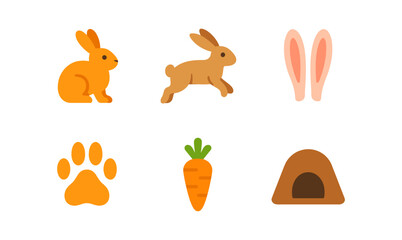 Cute bunny icons set featuring rabbits, vegetables, and elements in flat style
