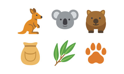Fototapeta premium Australian wildlife icons: kangaroo, koala, and wombat in a simplified flat style
