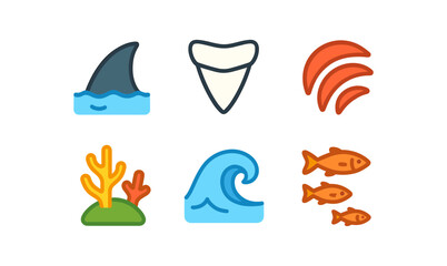 Fototapeta premium Ocean marine life icons: shark fin, tooth, coral, wave, fish illustrations