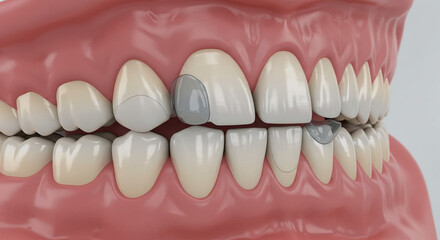 Obraz premium Detailed 3D dental model showcases cosmetic veneers and crowns for smile restoration and aesthetic enhancement