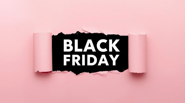 Creative Black Friday sale concept with torn paper effect on pink background, modern promotional banner template for fashion, beauty, retail shopping, discounts, ecommerce marketing and holiday sales