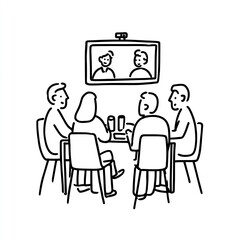 Minimalist monochromic line art illustration of virtual meeting progress on plain white background