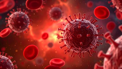 Microscopic view of Coronavirus virions and red blood cells in a bloodstream with a red background, representing infection and disease.