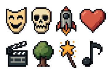 Pixel art icons: comedy, skeleton, rocket, heart, cinema, tree, magic wand, music note
