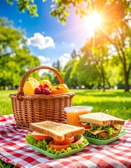 Picnic basket with sandwiches, fruits, and drinks in a sunny park